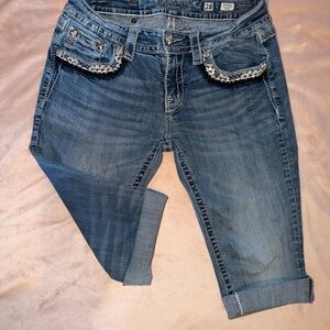 Miss Me Blue Cropped Jeans with Embellished Pockets